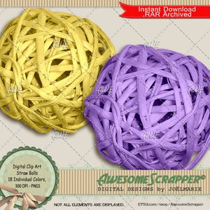 Clipart digital de bolas de palha por AwesomeScrapper - alta qualidade, 300 DPI PNGs, conjunto de 18, palha seca, bola, decoração, elemento, 18 cores