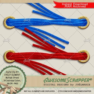 May include: Digital clip art eyelet element with multiple strands of red and blue thread. The eyelet is gold with a decorative design. There are 34 individual colors available. The image is 300 DPI and in PNG format.