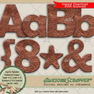 Könnte beinhalten: Digitaler Alphabetsatz im Stil von gehämmertem Kupfer. Die Buchstaben A, B, die Zahlen 1, 8, ein Stern und ein kaufmännisches Und sind abgebildet. Die Buchstaben und Symbole sind 300 DPI PNG-Dateien.