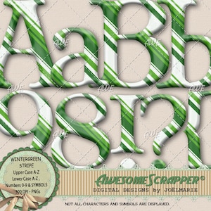 Winter Green Stripe Digital Alphabet by AwesomeScrapper - Uppers, Lowers, Numbers, Symbols - High Quality 300 DPI PNGs, Christmas Theme