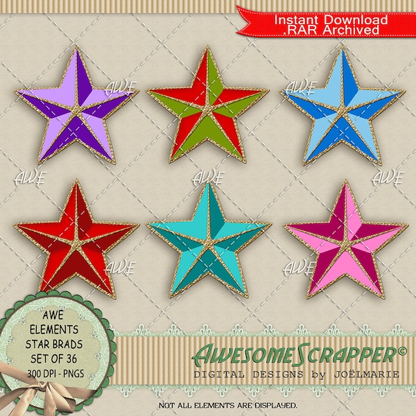 Star Brads Digital Clip Art par AwesomeScrapper - Haute qualité, PNG 300 DPI, 5 étoiles pointues, ensemble de 36 combinaisons de couleurs avec Bling.
