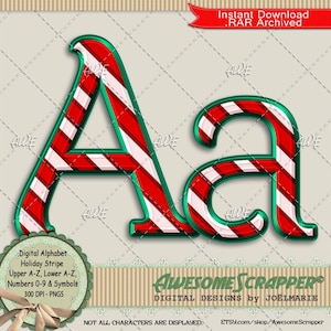 May include: Digital alphabet letters 'A' and 'a' with a holiday stripe design. The letters are red and white striped with a green outline. The image includes text that says 'Instant Download .RAR Archived' and 'Awesome Scrapper'.