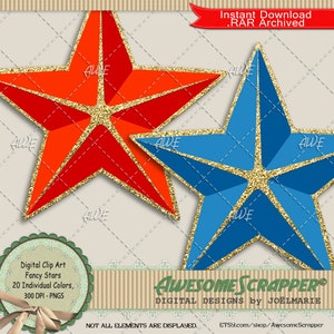 Fancy Stars Digital Clip Art por AwesomeScrapper - alta qualidade, 300 DPI PNGs, conjunto de 20, dimensional, brilho, extravagante, dourado, várias cores