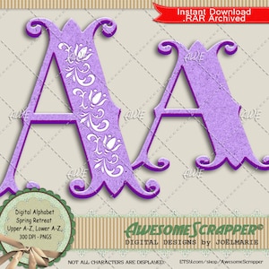 Spring Retreat Digital Alphabet door AwesomeScrapper, Hoge kwaliteit 300 DPI PNGs, Lavendel, Getextureerd, Bloemen, Pasen, Lente, Sprookje