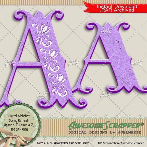 Spring Retreat Digital Alphabet by AwesomeScrapper,  High Quality 300 DPI PNGs, Lavender, Textured, Floral, Easter, Spring, Fairy Tale