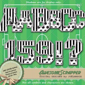 May include: Black and white striped alphabet letters and numbers with a soccer ball pattern. The letters are A, B, C, 1, 5, 9, and 2. The letters and numbers are in a bold, blocky font. The image is on a green background with a white border.