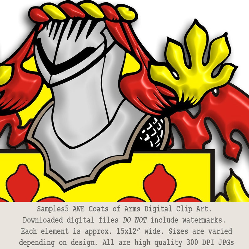 May include: A digital clip art image of a coat of arms featuring a silver helmet with a red and yellow crest. The shield is yellow with a red fleur-de-lis and a red heart. The background is white.