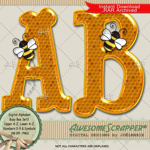 Busy Bee Set3 Digital Alphabet by AwesomeScrapper - High Quality, 300 DPI PNGs, Honeycomb, Bees, Hive, Gold, Yellow, Black