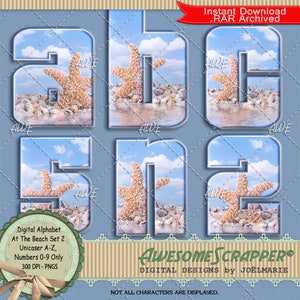 At The Beach Set 2 Digital Alphabet by AwesomeScrapper - High Quality, 300 DPI PNGs. Peces estrella y conchas marinas en una playa con piedras lisas.