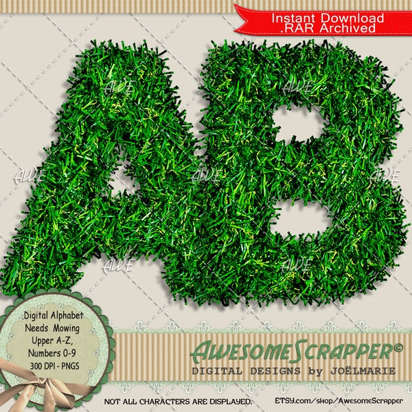 Needs Mowing Digital Alphabet by AwesomeScrapper - High Quality, 300 DPI PNGs,  Green, Grass, Lawn, Vegetation, Hedge, Shrubs