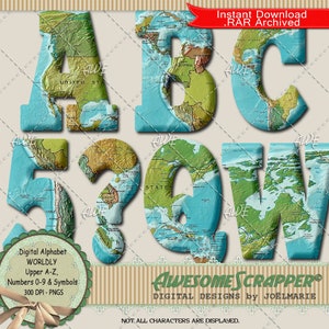 Weltliches Digitales Alphabet von AwesomeScrapper - Hohe Qualität, 300 DPI PNGs, Grün, Blau, Länder der Welt, Globus, Kontinente, Ozeane, Berge