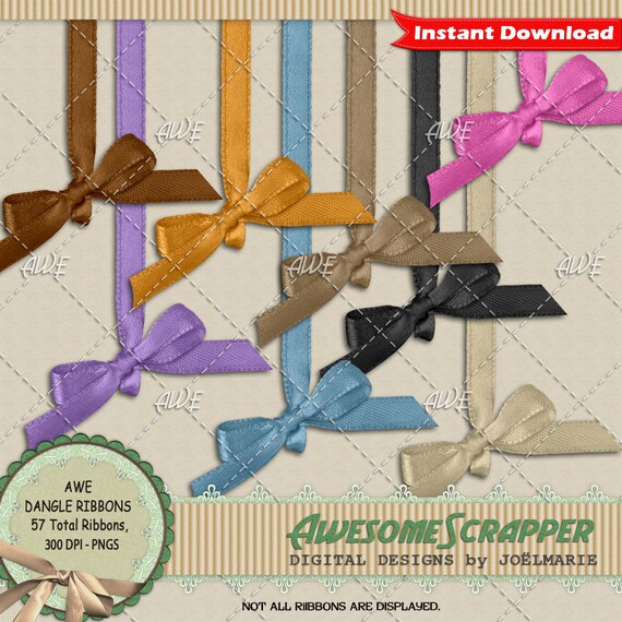 Dangle Ribbons by AwesomeScrapper, Digital Clipart Set of 57, Multi Color, High Quality, 300DPI PNGs, Scrapbooking, Card Creation