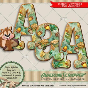 Alfabeto digital "Going Nuts" de AwesomeScrapper, PNG de alta calidad de 300 DPI, otoño, ardillas, bellotas, verde, dorado, marrón, hojas de roble