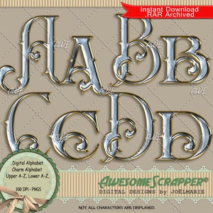 Charm Alpha Digital Alphabet de AwesomeScrapper - Alta calidad, 300 DPI PNG, plata, acento dorado, mayúsculas, minúsculas, romántico