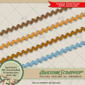 May include: A digital clip art set of 51 textured rickrack trims in various colors. The trims are in a zig-zag pattern and are 300 DPI PNG files. The image shows a few of the trims in brown, yellow, and blue.