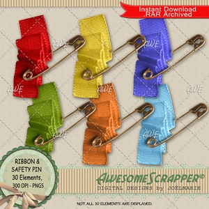 Clipart digital de cinta y pin de AwesomeScrapper - Alta calidad, PNG de 300 DPI, conjunto de 30 en varios colores.