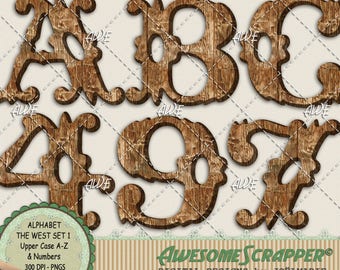 The West Set 1 Digital Alphabet, by Awesome Scrapper - Western Theme, Wood Texture, High Quality, 300 DPI PNGs