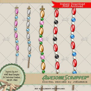 May include: Set of five digital clip art bead dangle designs. Each design features a string of colorful beads in different patterns and colors, including pink, blue, silver, gold, red, black, and white.