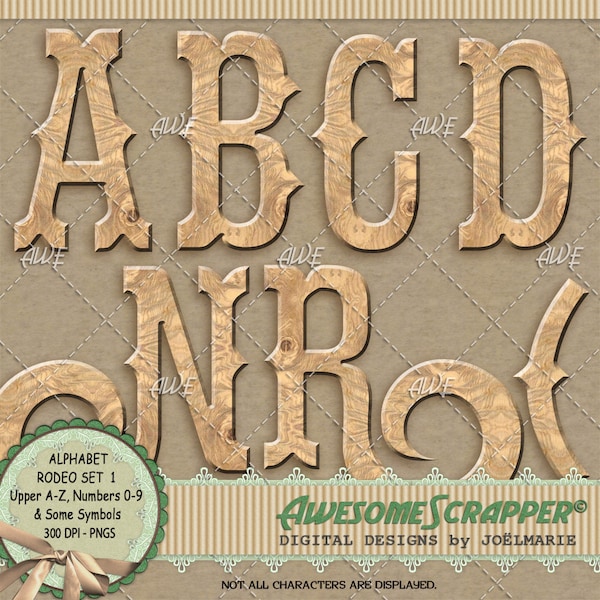 Rodeo Set 1 Digital Alphabet, by AwesomeScrapper - Fancy Western, Wood, Light Colored, High Quality, 300 DPI PNGs, Letters,  Some Symbols