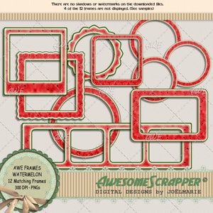 Clipart digital - molduras com tema de melancia, conjunto de 12, vários formatos e tamanhos, PNGs de alta qualidade de 300 DPI