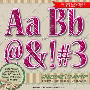 May include: Digital alphabet set featuring uppercase and lowercase letters, numbers, and symbols. The letters and symbols are a deep pink with a polka dot pattern and white outlines. The image includes the text "Awesome Scrapper".