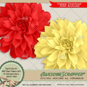 Paper Flowers Set1 Digital Clip Art par AwesomeScrapper - Haute qualité, 300 PNG DPI, Set de 21, Floral, Fleurs, Printemps, Pâques, Papier crêpe