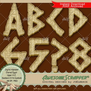 Könnte beinhalten: Digitaler Alphabet-Clipart mit den Buchstaben A, B, C, D, 6, 5, 7 und 8 in einem gold-braunen Farbschema. Die Buchstaben sind im Stil alter ägyptischer Hieroglyphen gestaltet. Der Text "Digital Alphabet Eternal Egypt Upper A-Z, Numbers 0-9 & Symbols 300 DPI - PNGS" befindet sich am unteren Rand des Bildes.