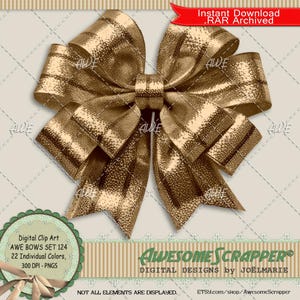 Conjunto de laços 124 Clip Art digital por AwesomeScrapper - Alta qualidade, PNGs de 300 DPI, conjunto de 22, laços metálicos, várias cores, texturizados, fita