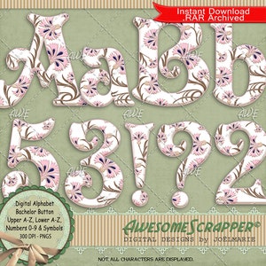 Bachelor Button Digital Alphabet por AwesomeScrapper - Alta calidad, 300 DPI PNG, Blanco, Rosa, Marrón, Azul, Flores, Primavera, Floral, Flores