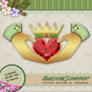 Claddagh Digital Clip Art de AwesomeScrapper, símbolo irlandés del amor, dos tamaños de 12" de ancho y 6" de ancho, alta calidad, PNG de 300 DPI