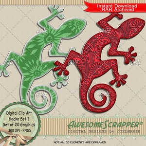 May include: A set of 20 digital clip art graphics featuring two geckos. One gecko is green with a floral pattern and the other is red with a paisley pattern. The graphics are 300 DPI and in PNG format.  "Digital Clip Art Gecko Set 1" and "Set of 20 Graphics" are written on the image.