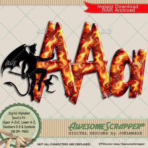 May include: A digital alphabet set featuring letters with a vibrant orange and yellow flame pattern. A black silhouette of a winged devil figure holding a pitchfork is positioned next to the letters. The text includes Digital Alphabet Devil's Pit.