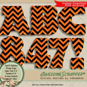 May include: Digital alphabet set featuring orange and black zig-zag patterns. Includes uppercase letters A-Z, numbers 0-9, and symbols. The design is labeled "Awesome Scrapper" and is available as a digital download.