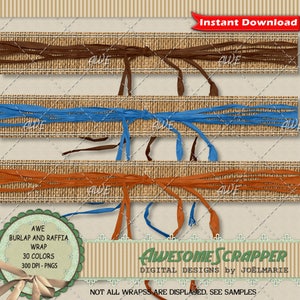 Könnte beinhalten: Ein Set mit 30 digitalen Designs für Jute- und Raffia-Verpackungen in verschiedenen Farben. Die Designs haben eine Auflösung von 300 DPI und liegen im PNG-Format vor. Das Bild zeigt drei Beispiele für die Designs: Braun, Blau und Orange. Der Text "AWE BURLAP AND RAFFIA WRAP 30 COLORS 300 DPI - PNGS" ist im Bild sichtbar. Der Text "AWESOME SCRAPPER DIGITAL DESIGNS by JOËLMARIE" ist ebenfalls im Bild sichtbar.