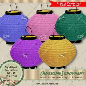 Lanternas de papel Clipart digital da AwesomeScrapper - PNGs de alta qualidade, 300 DPI, um conjunto de 14 lanternas de papel em estilo oriental, várias cores.