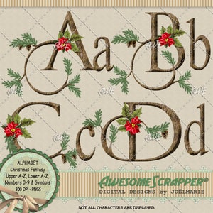 Alphabet numérique fantastique de Noël, par AwesomeScrapper - dessus, dessous, chiffres, symboles - PNG 300 DPI de haute qualité - branches de sapin et cônes