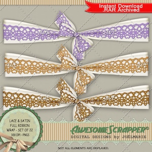 Spitze und Satin Full Wrap mit Schleife, Digitale Clipart von AwesomeScrapper - 22 individuelle PNGs Hochwertige 300 DPI