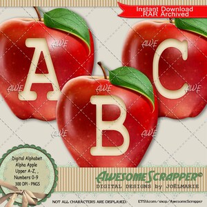 Alpha Apple Digital Alphabet by AwesomeScrapper - High Quality, 300 DPI PNGs, Red, Green, Yellow, Apple, Fruit, Red Delicious, School, Farm