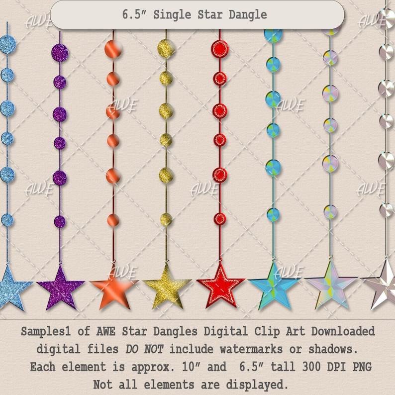 Stringed Stars Textured 65 total PNGs High Quality Star Dangles Digital Clip Art by AwesomeScrapper 300 DPI PNGs Jeweled
