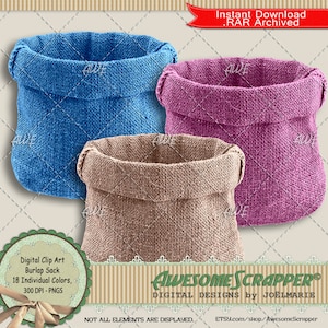 Burlap Sacks Digital Clip Art por AwesomeScrapper - alta qualidade, 300 DPI PNGs, conjunto de 18, serapilheira, saco, várias cores, saco vazio