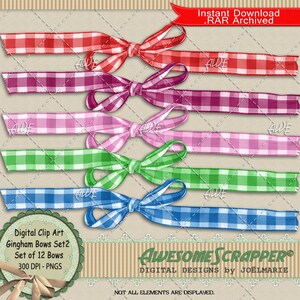 Gingham Bows Set2 - Clip Art digital de AwesomeScrapper - Conjunto de 12 fitas de guingão amarradas. Várias cores, alta qualidade, PNGs de 300 DPI.