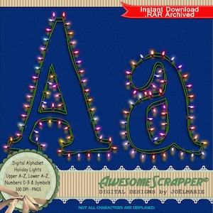 Alphabet numérique Holiday Lights par AwesomeScrapper - haute qualité, 300 DPI PNGs, guirlandes lumineuses, Noël, lumières, coloré, Noël