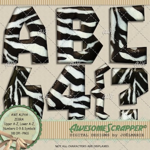 Zebra Digital Alphabet, by AwesomeScrapper - Upper Case A-Z, Numbers 0-9, Symbols - High Quality, 300 DPI PNGs, Zebra Print, Black, White