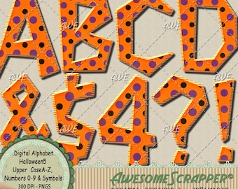 May include: Digital alphabet set with orange letters, numbers, and symbols, featuring purple and black polka dots. The letters are outlined in yellow and the set includes the text "Instant Download .RAR Archived". The set is titled "Digital Alphabet Halloween5".