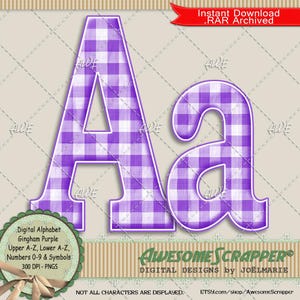 May include: Digital alphabet letters "A" and "a" in a purple and white gingham pattern. The letters are outlined in white. The image includes text that reads "Digital Alphabet Gingham Purple" and "Awesome Scrapper Digital Designs by Joelmarie."
