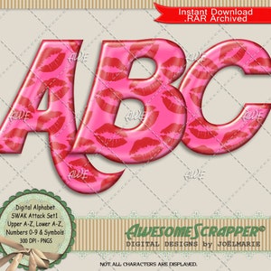 May include: A digital alphabet set featuring the letters A, B, and C. The letters are pink and have a pattern of red lips. The letters are 300 DPI and in PNG format. The text "SWAK Attack Set1" is also visible in the image.