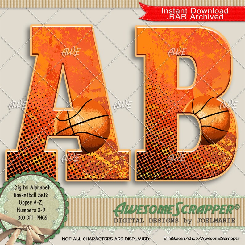 Basketball Set2 Digital Alphabet by AwesomeScrapper - High Quality, 300 DPI PNGs, Oranges, Black, Basketball, Sports, Game image 1