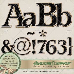 May include: Black and gold alphabet letters and numbers with a diamond pattern. The letters are uppercase and lowercase. The numbers are 0-9. The letters and numbers are in a bold font. The letters and numbers are on a white background. The text "AWE ALPHA DIAMOND FLEUR" is at the bottom of the image. The text "AWESOME SCRAPPER® DIGITAL DESIGNS by JOËLMARIE" is at the bottom of the image. The text "NOT ALL CHARACTERS AND SYMBOLS ARE DISPLAYED." is at the bottom of the image.