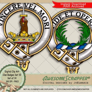 Scottish Clan Badges Set10 Digital Clip Art by AwesomeScrapper - High Quality, 300 DPI PNGs, 14 Badges, Heraldry, Clans, Crests, Scottish