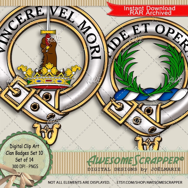 Scottish Clan Badges Set10 Digital Clip Art by AwesomeScrapper - High Quality, 300 DPI PNGs, 14 Badges, Heraldry, Clans, Crests, Scottish